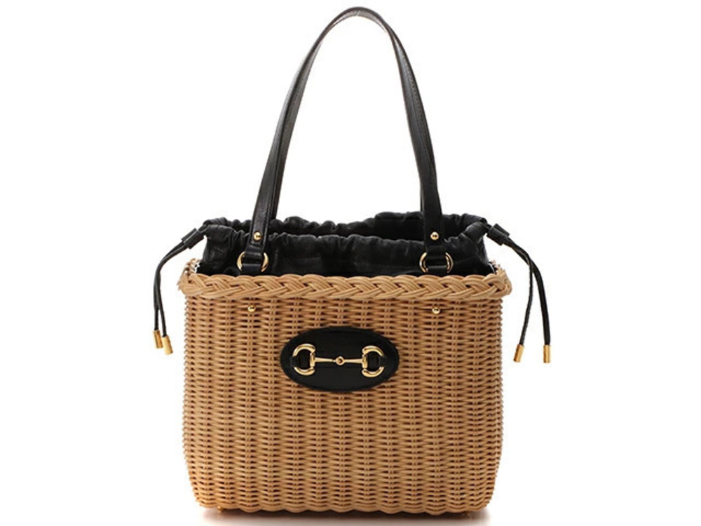 Gucci Horsebit Basket Bag Beige Cream Black Wicker